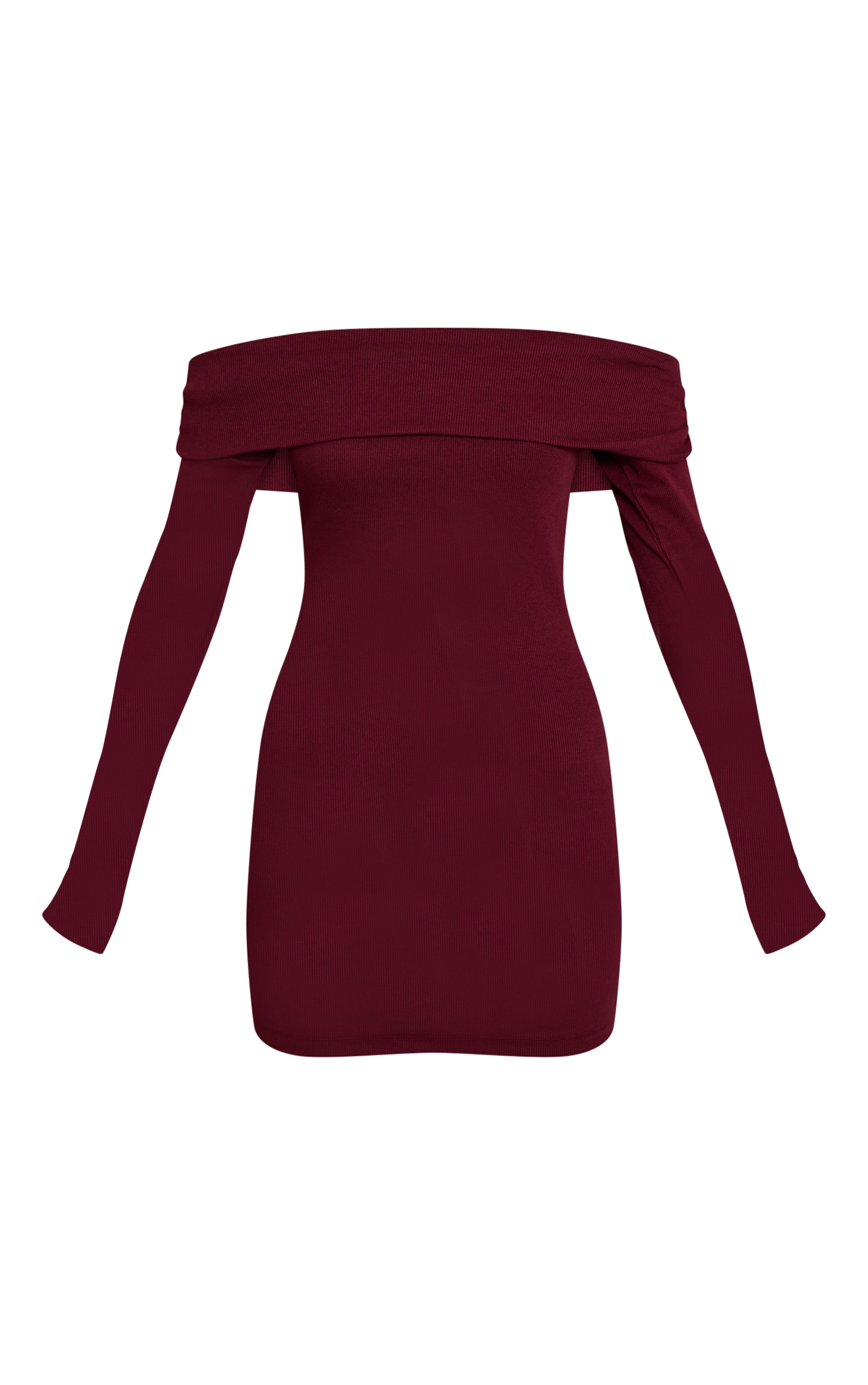 Plum Ribbed Fold Over Bardot Long Sleeve Bodycon Dress image 5