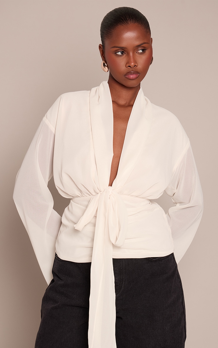 Cream Chiffon Cinched Drape Detail Blouse image 1