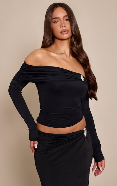 Chocolate Matte Sculpt Trim Detail Bardot Long Sleeve Top
