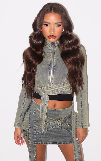 Petite Veste en jean délavé vintage à détail ceinture