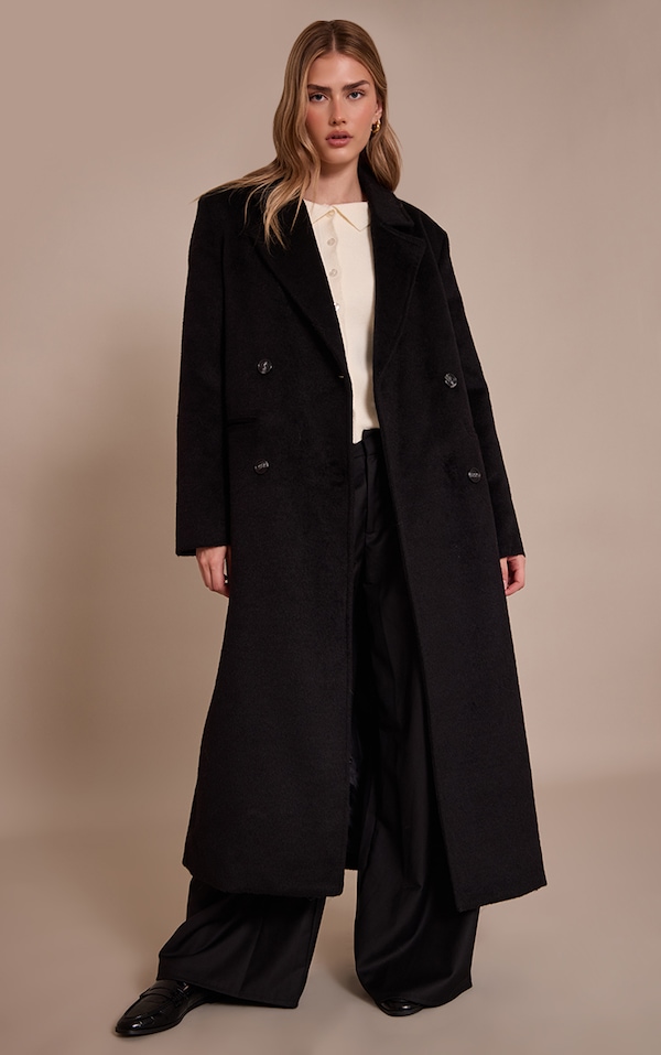 Manteau long structuré effet laine noir à double boutonnière