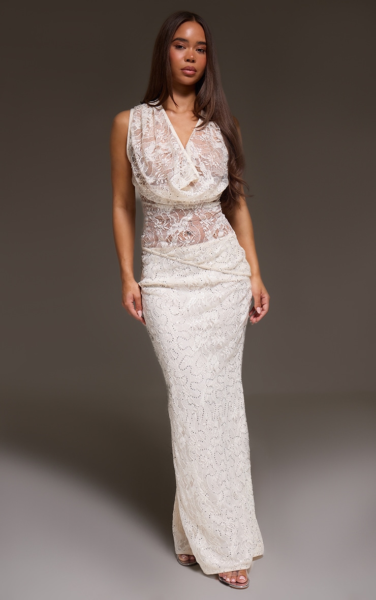 Cream Lace Sequin Maxi Skirt