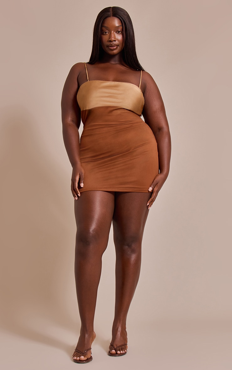 Plus Brown Contrast Bust Panel Strappy Mini Dress image 3