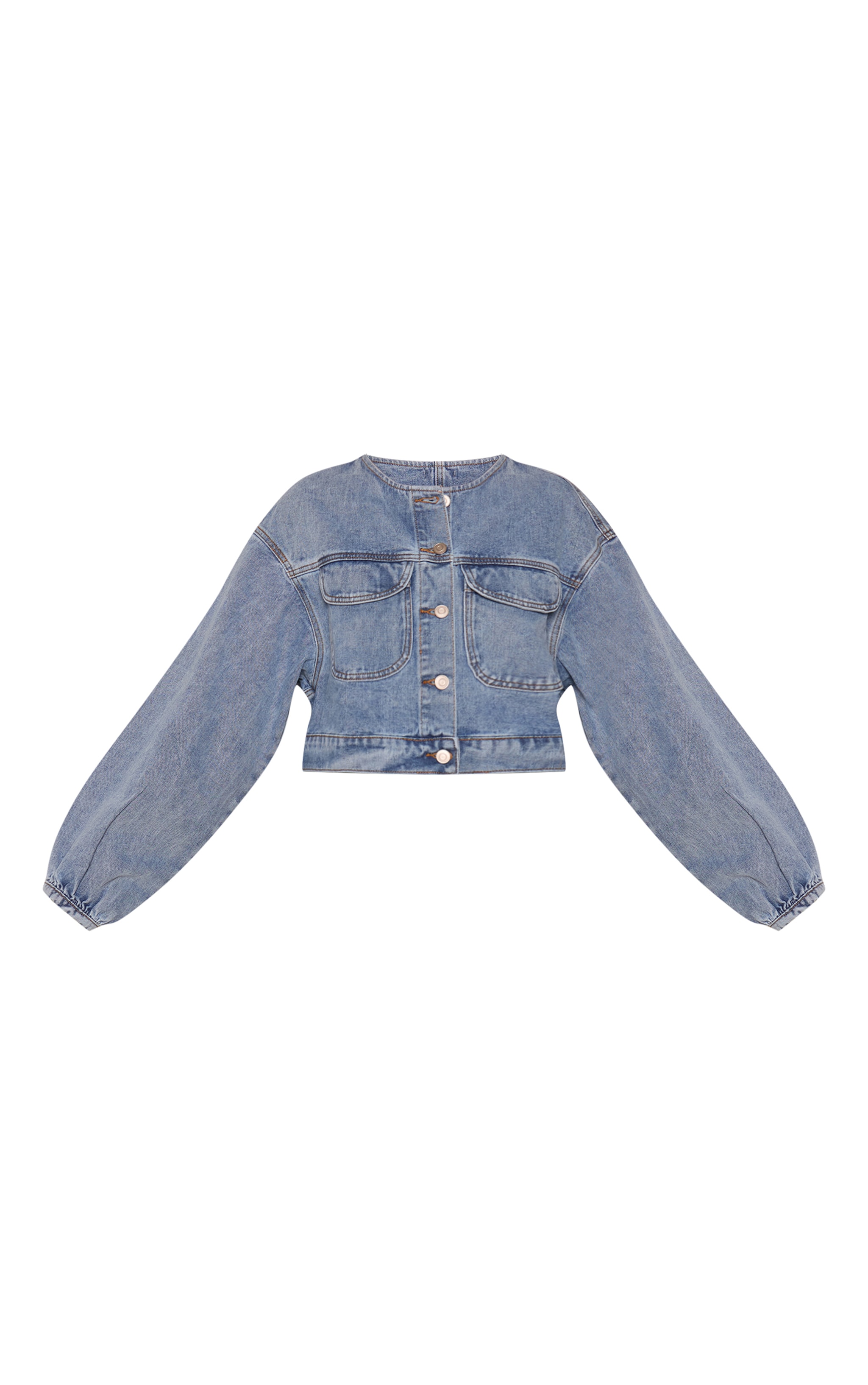  Mid Blue Wash Round Neck Crop Denim Jacket image 5