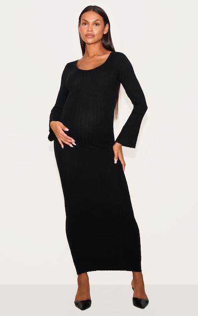 Maternité Robe de grossesse mi-longue en maille tricot noire à col rond