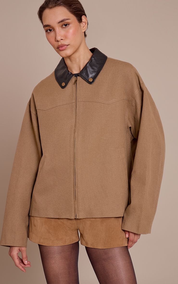 Brown Contrast Collar Twill Oversized Trucker Jacket image 1