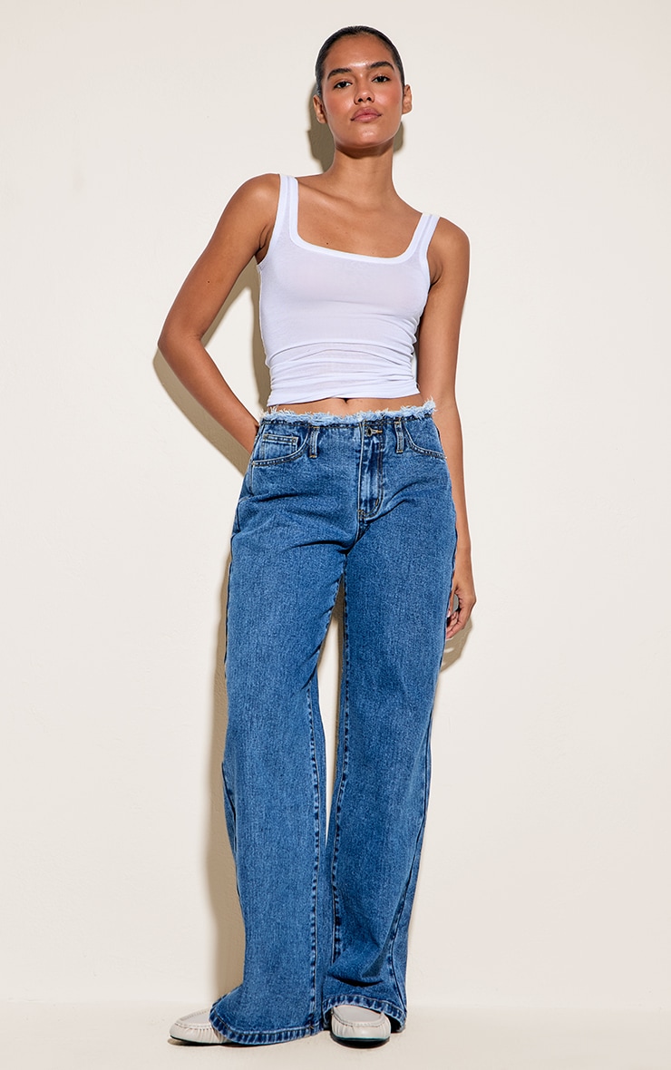 Mid Blue Wash Fray Waistband Low Waist Straight Leg Jean image 1