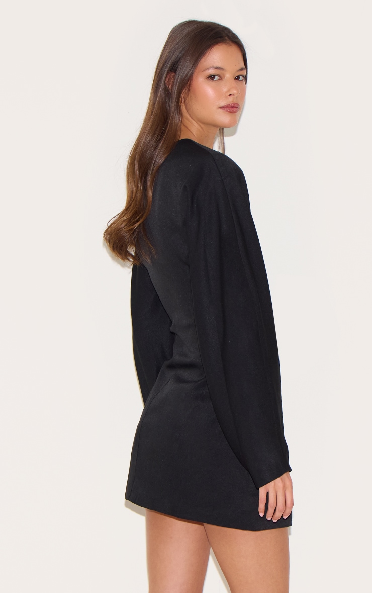 Black Woven Balloon Sleeve Collarless Blazer Dress image 2