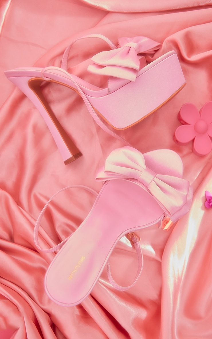 Baby Pink Satin Round Toe Bow Detail High Heeled Platforms image 3