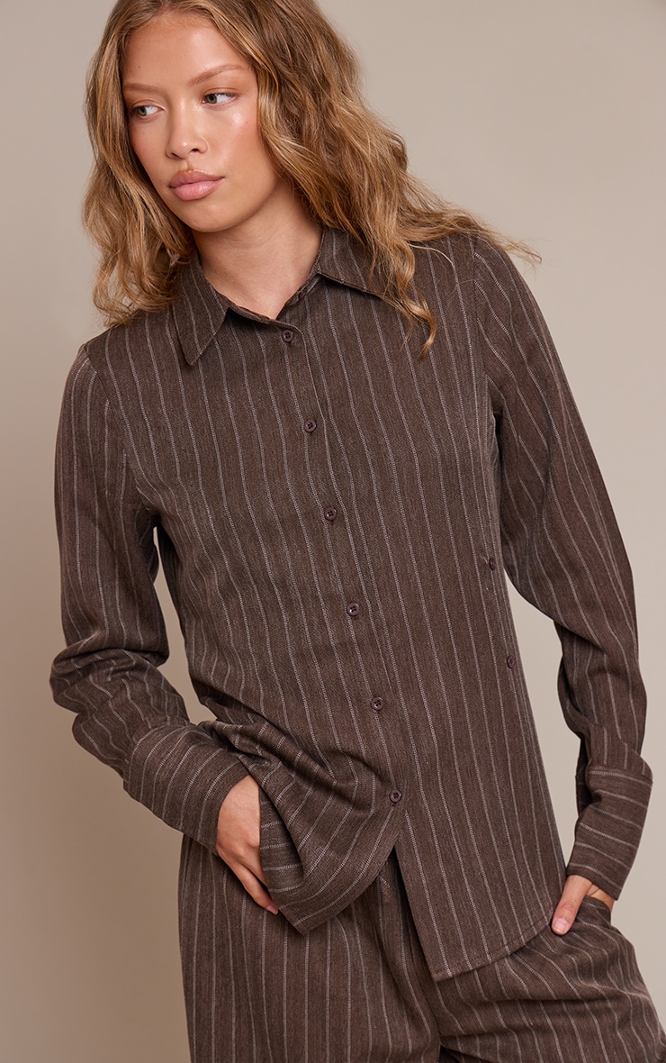 Brown Pinstripe Woven Asymmetric Button Shirt image 1