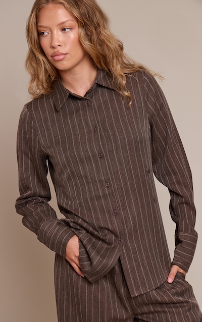 Brown Pinstripe Woven Asymmetric Button Shirt
