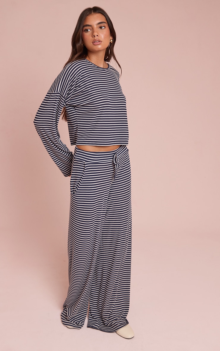Navy Ribbed Striped Drawstring Wide Leg Pant image 1