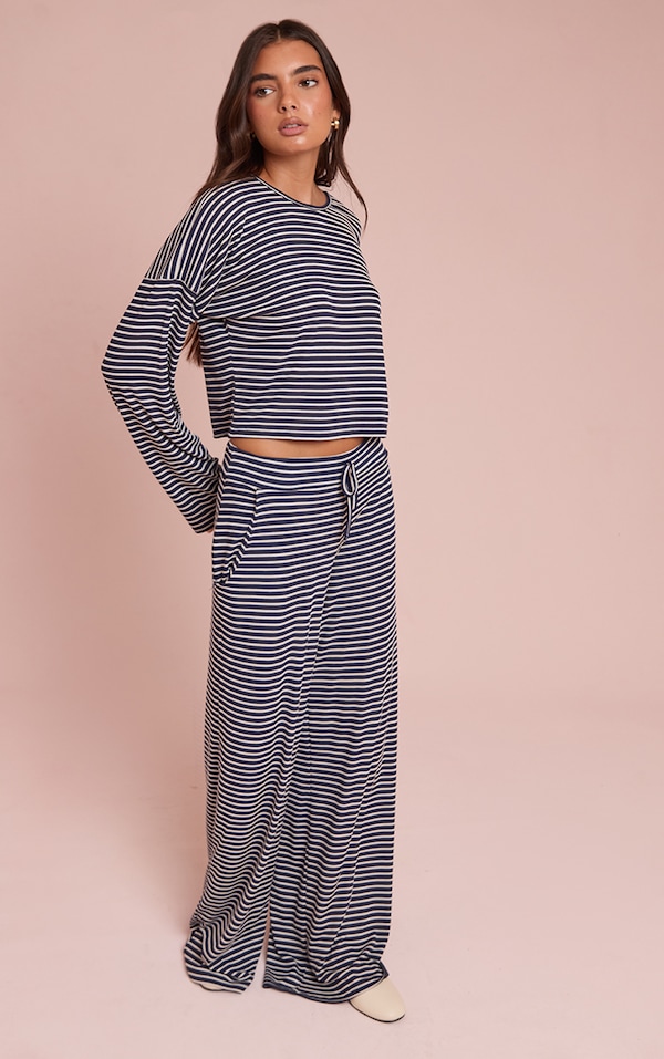 Pantalon large côtelé bleu marine à rayures et cordons ajustables