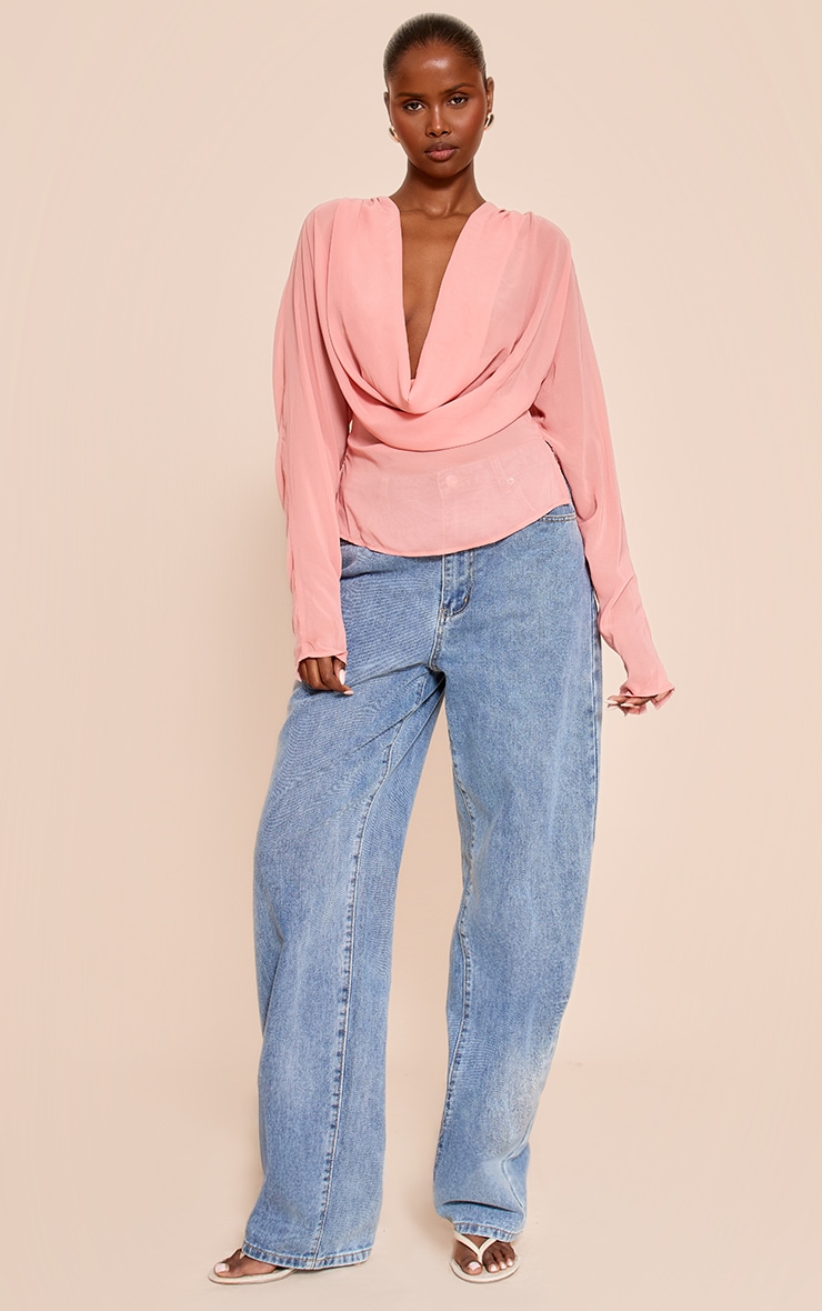 Peach Chiffon Cowl Neck Long Sleeve Blouse image 3
