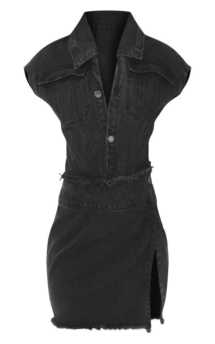 Petite Mini-robe en jean noir sans manches style portefeuille image 5