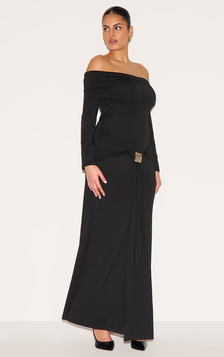 Plus Black Bardot Long Sleeve Trim Drape Detail Maxi Dress image 3