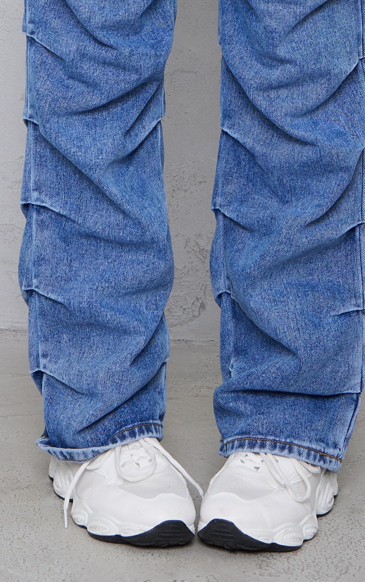  Mid Blue Wash Ruched Straight Leg Denim Jeans image 4