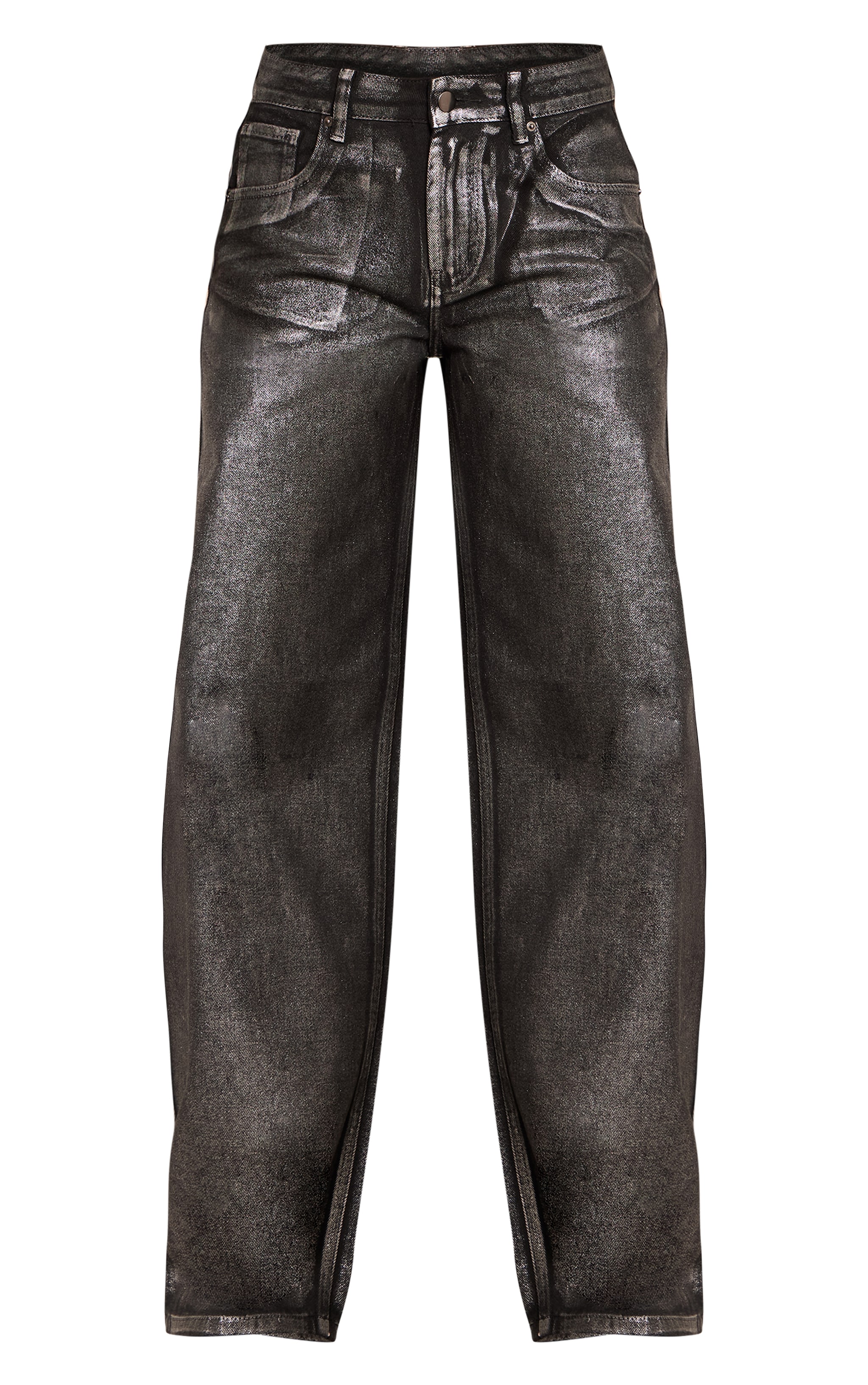 Black Metallic Coated Mid Rise Barrel Jeans image 5