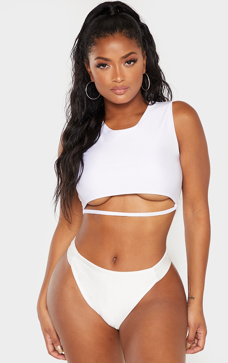 Shape White Crew Neck Cut Out Bikini Top