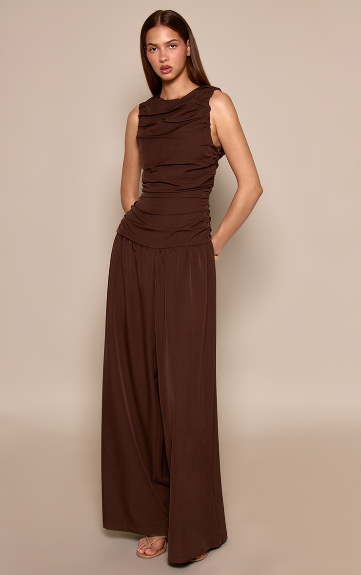Chocolate Woven Ruched Drop Waist Jumpsuit image 3