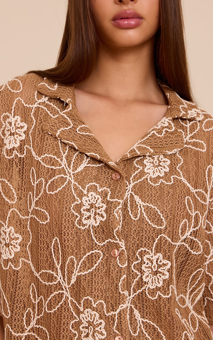 Tan Embroidered Floral Short Sleeve Shirt image 4