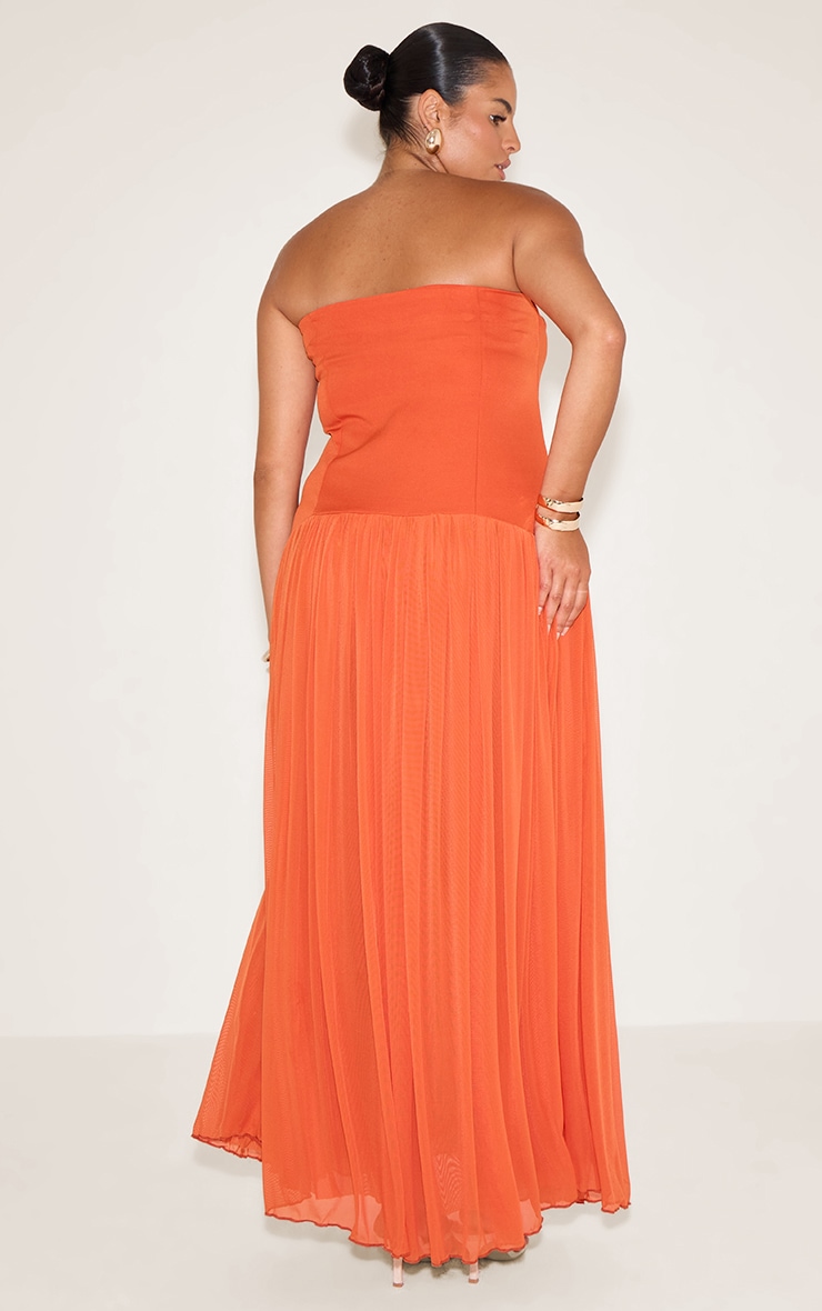 Plus Robe bustier longue en mousseline de soie orange plissée image 2