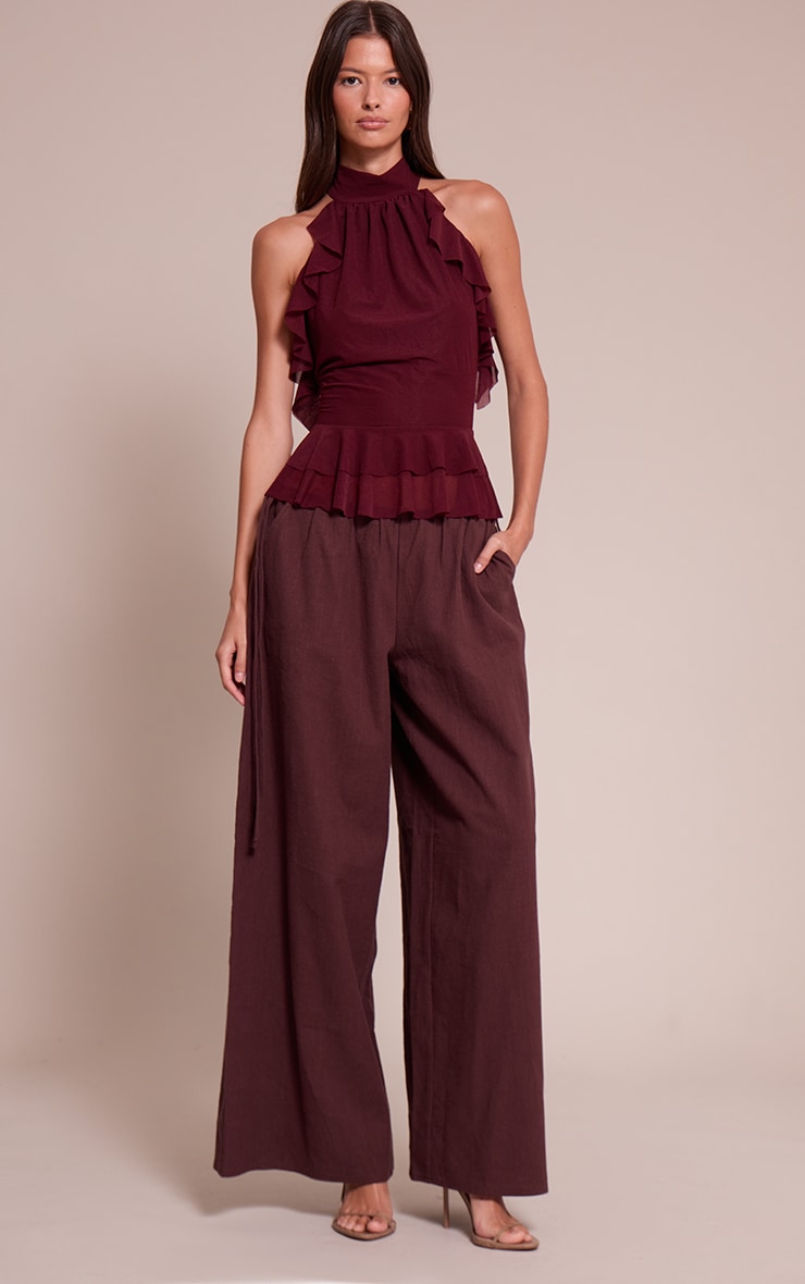 Wine Stretch Chiffon Frill Detail Highneck Top image 3