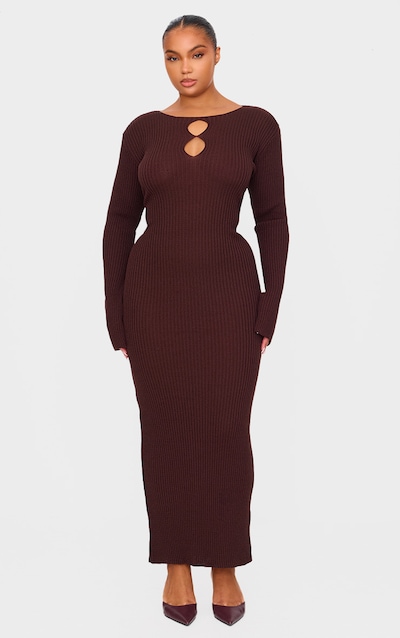 Plus Chocolate Ribbed Keyhole Knitted Midaxi Dress