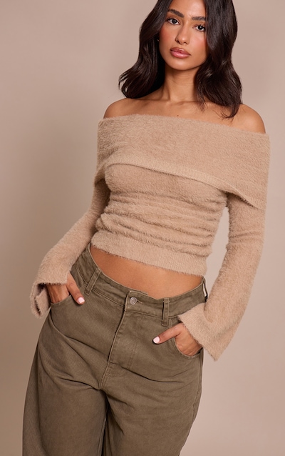 Pull Bardot en maille tricot moelleux beige
