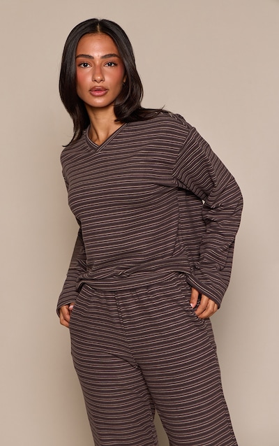 Petite Charcoal Stripe Soft Touch Cropped V Neck Top