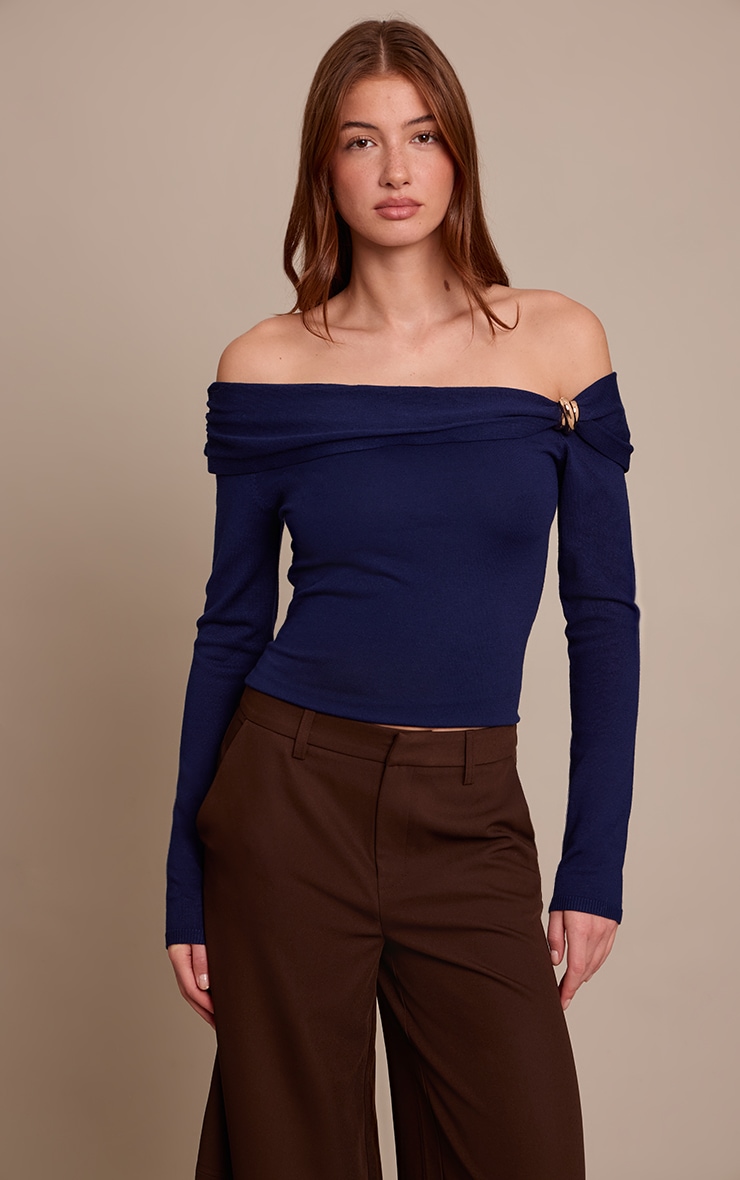 Navy Long Sleeve Twist Shoulder Detail Knitted Top