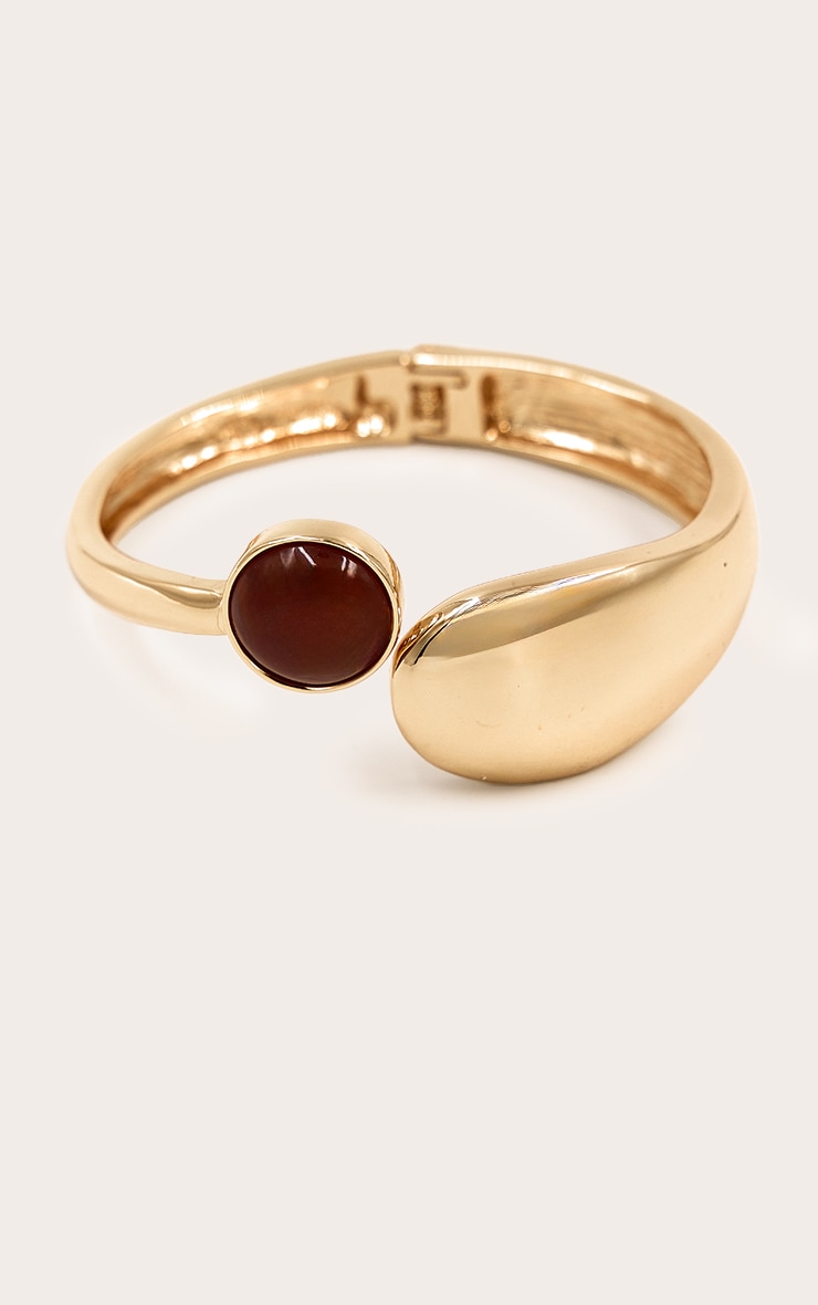 Gold Smooth Amber Stone Tear Drop Cuff image 2