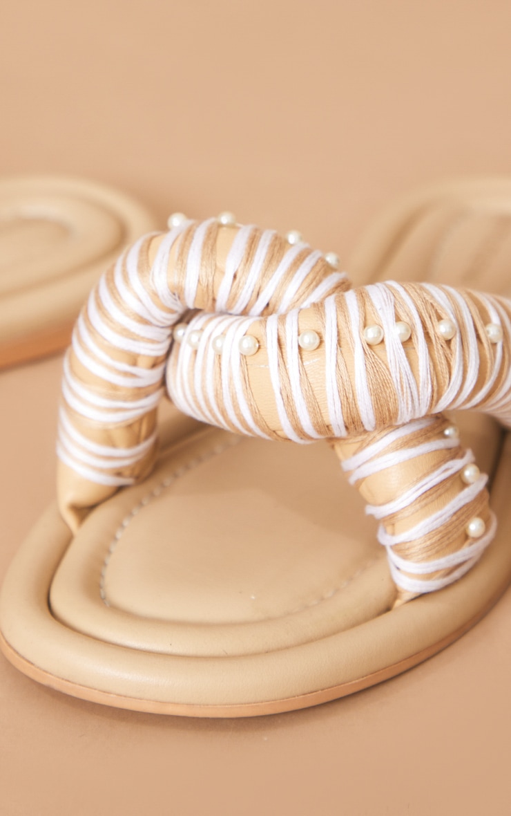 Beige Real Leather Round Toe Padded Contrast Strap Pearl Detail Sandals image 4