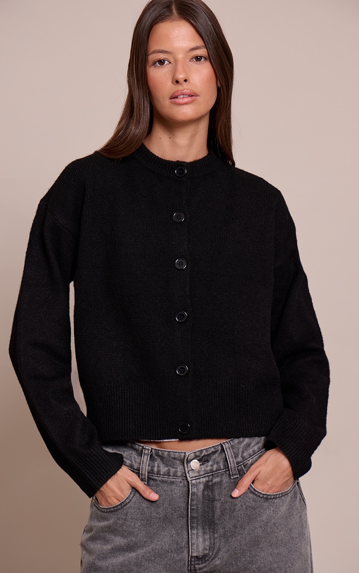 Black Crew Neck Knit Cardigan image 1