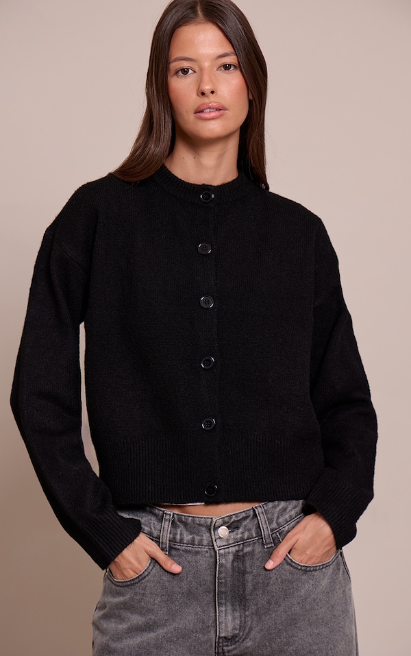 Black Crew Neck Knit Cardigan