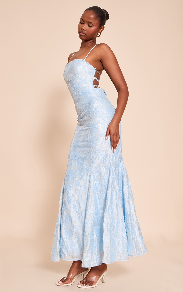 Light Blue Textured Lace Up Back Maxi Dress image 3