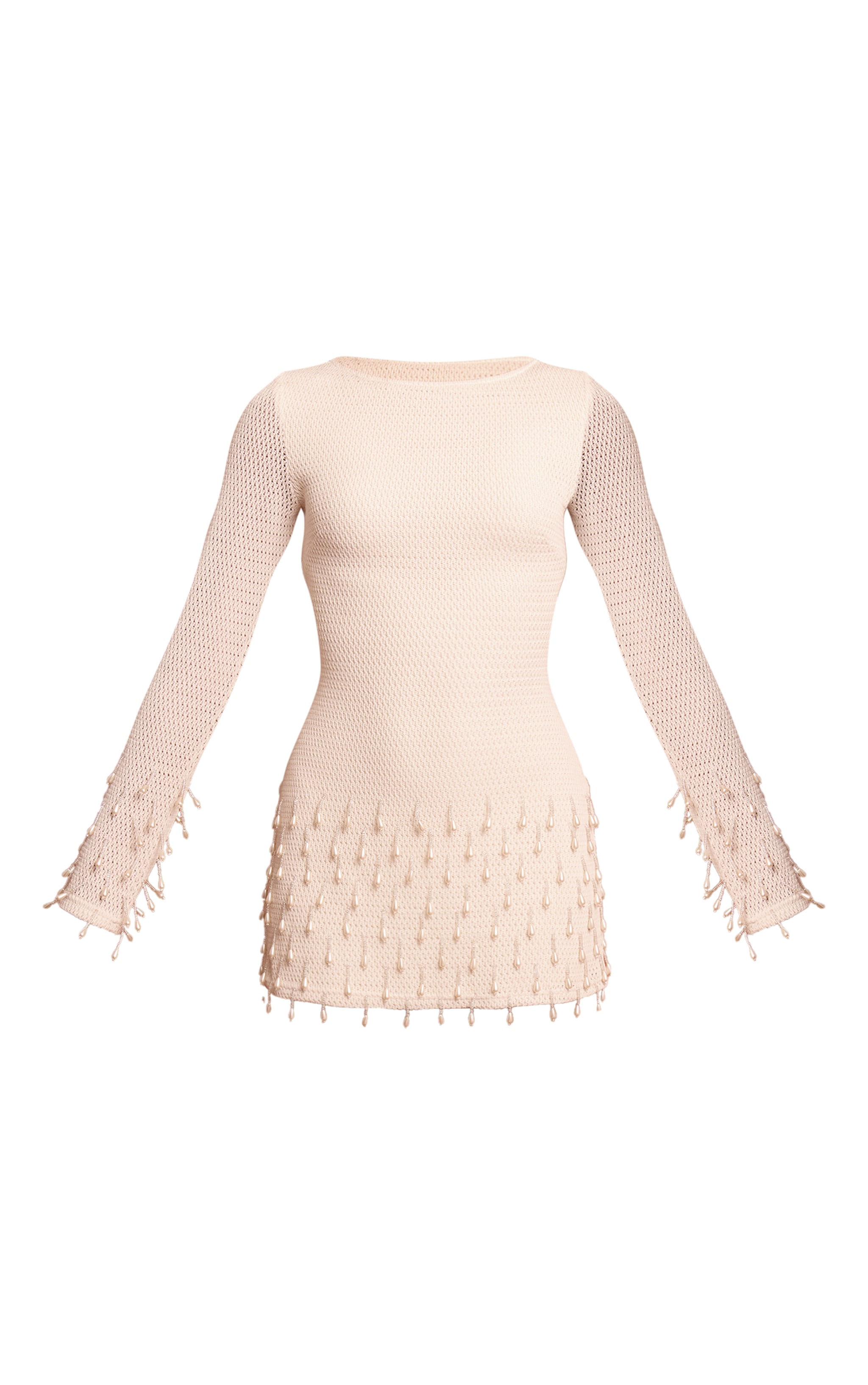 Natural Textured Long Sleeve Pearl Detail Mini Dress image 5