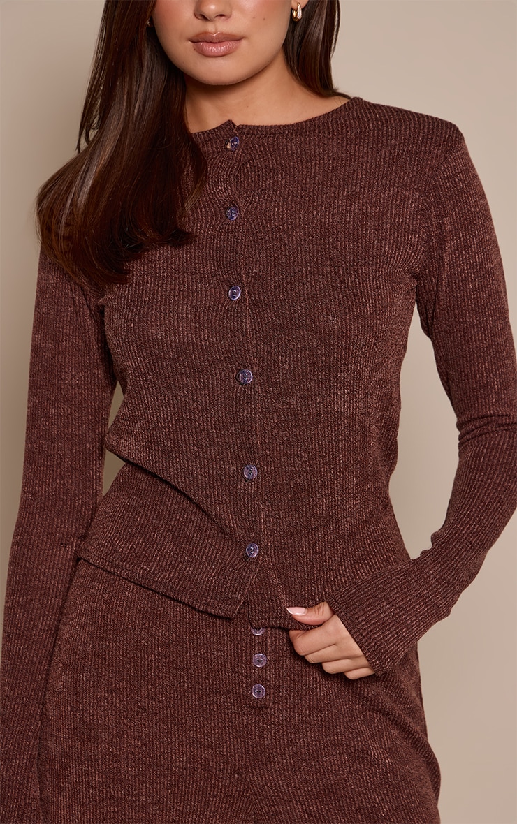 Dark Brown Marl Ribbed Shoulder Pad Long Sleeve Fitted Top image 4