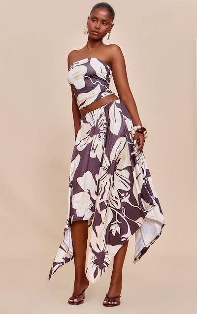 Brown Floral Print Slinky Asymmetrical Hem Maxi Skirt