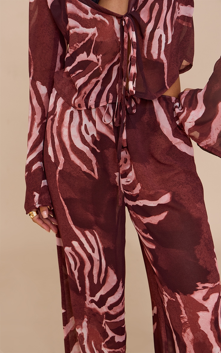 Brown Chiffon Abstract Print Wide Leg Pants image 4