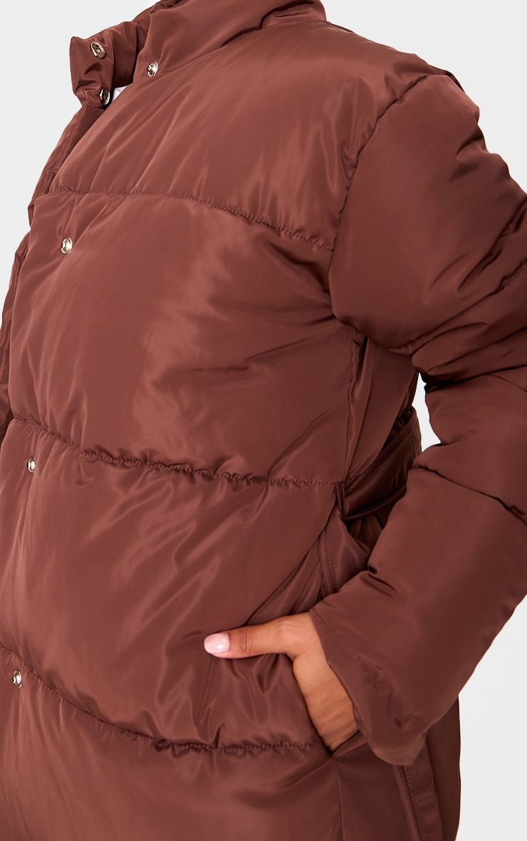 Mocha Quilted Longline Tie Waist Puffer Coat image 4