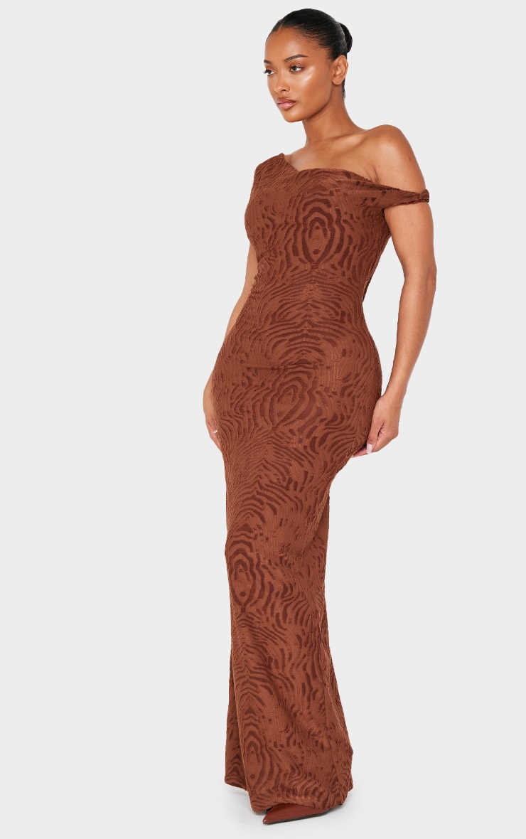 Shape Chocolate Zebra Devore Asymmetric Off Shoulder Maxi Dress image 3