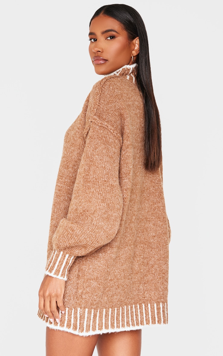 Mocha Contrast Stitch Knitted High Neck Oversized Jumper Dress image 2