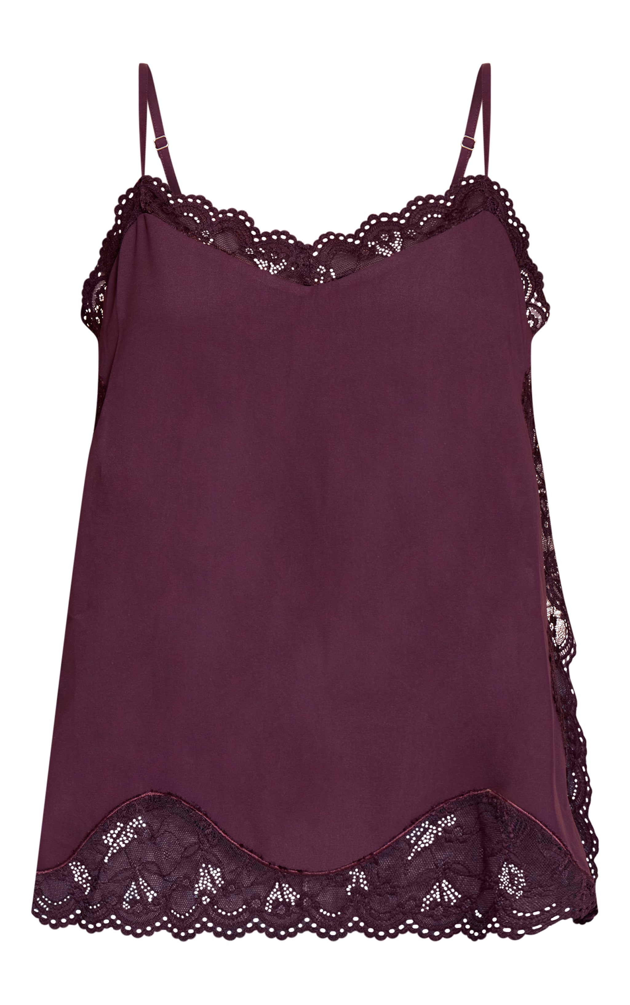 Dark Plum Woven Lace Trim Detail Strappy Cami Top image 5
