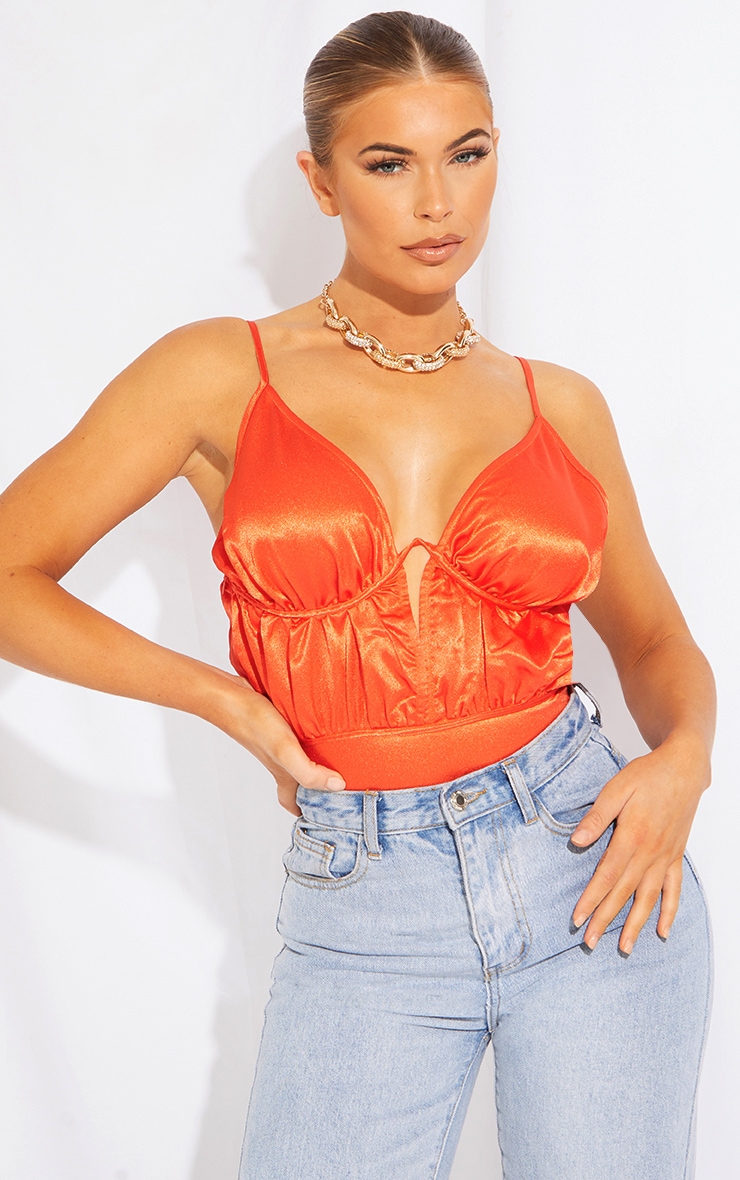 Orange Satin Plunge Ruched V -Wire Bodysuit