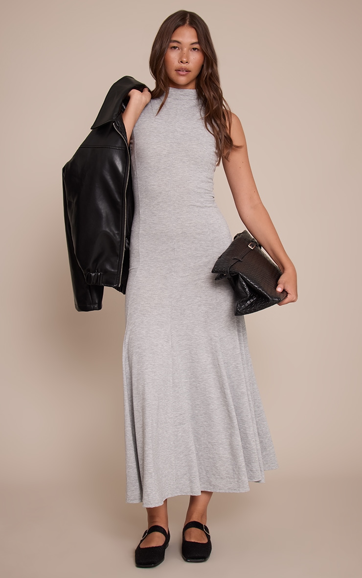 Grey Jersey Long Sleeve High Neck Maxi Dress image 3