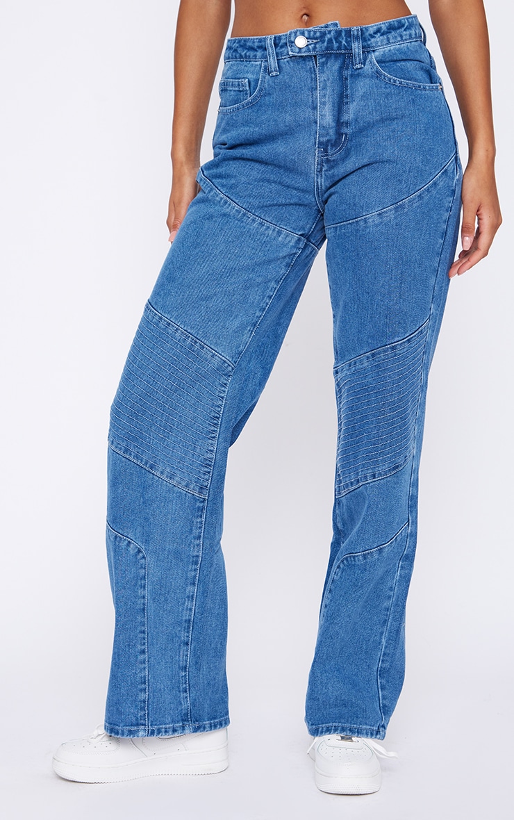 Mid Blue Wash Biker Panelling Wide Leg Jeans image 2