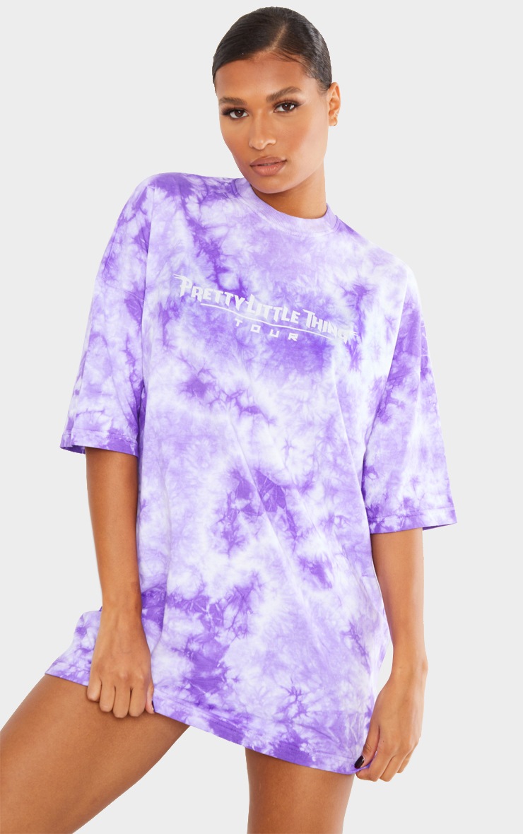 PRETTYLITTLETHING Tour Violet Tie Dye Oversized T Shirt Dress