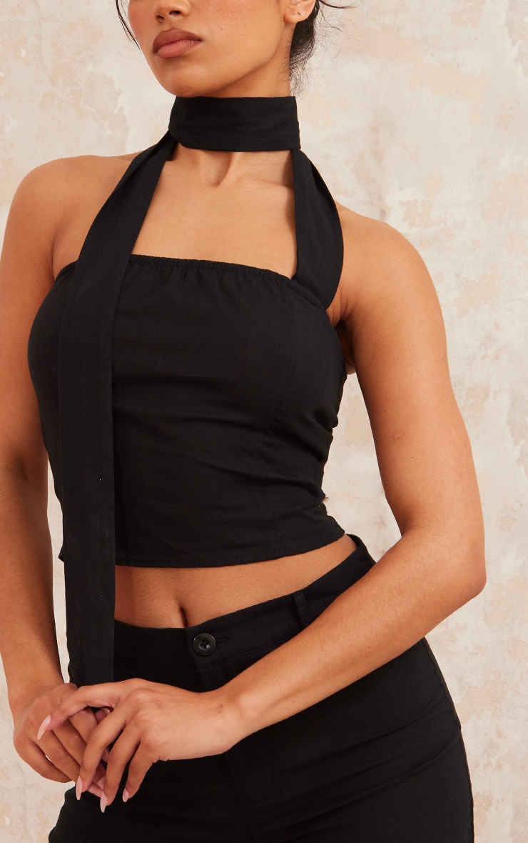 Black Linen Look Skinny Scarf Detail Bandeau Corset image 4