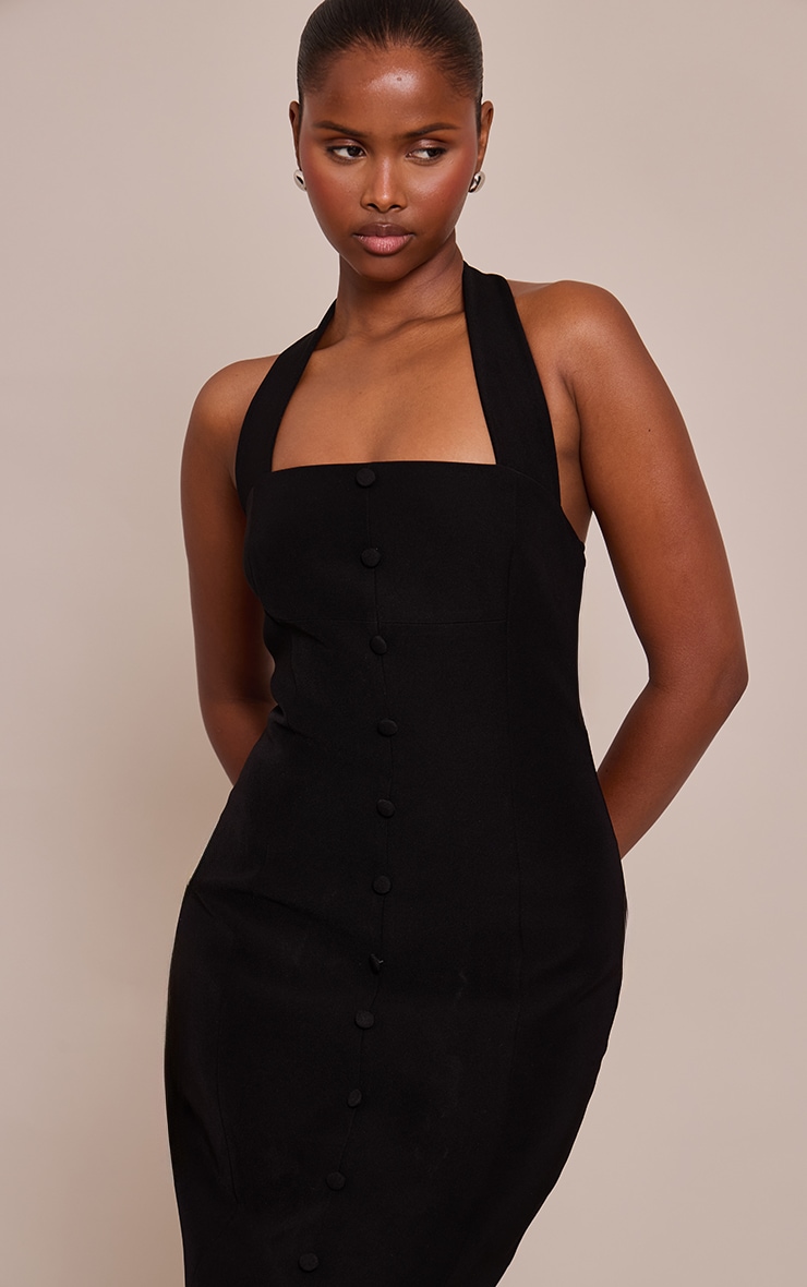 Black Woven Halter Button Maxi Dress image 4